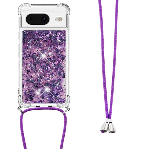 For Google Pixel 8 TPU Case Quicksand Design Phone Cover with Lanyard - Dark Purple / Hearts - 1