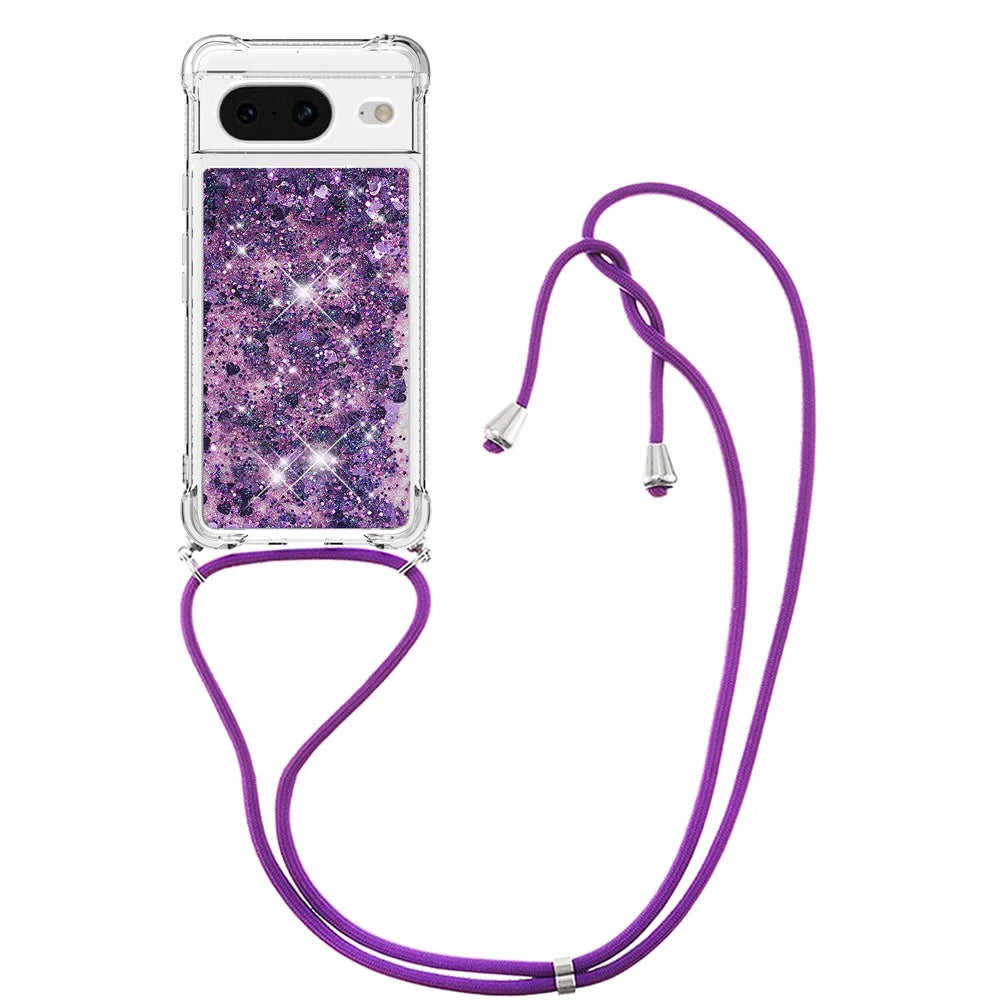 For Google Pixel 8 TPU Case Quicksand Design Phone Cover with Lanyard - Dark Purple / Hearts - 2