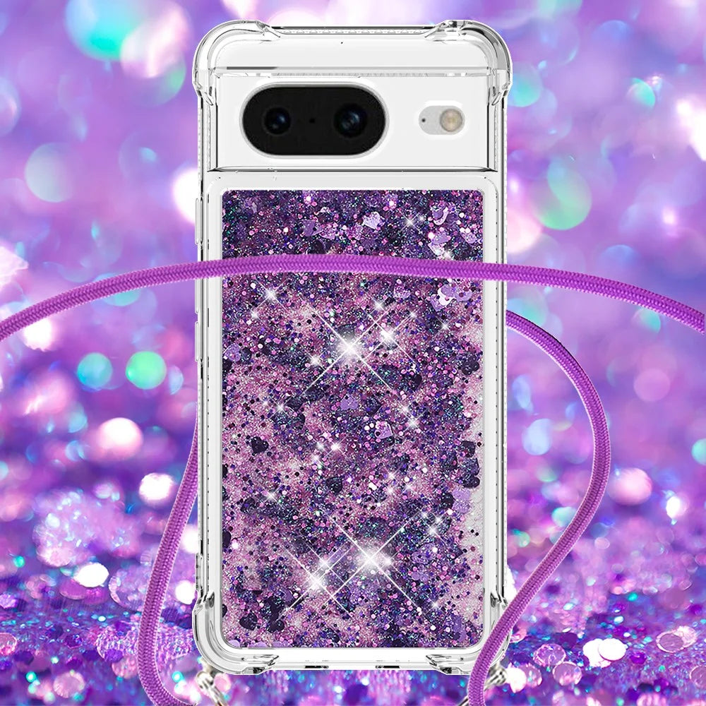 For Google Pixel 8 TPU Case Quicksand Design Phone Cover with Lanyard - Dark Purple / Hearts - 3