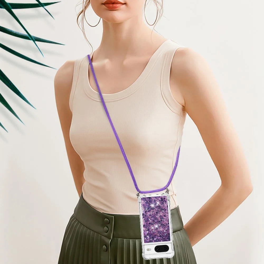 For Google Pixel 8 TPU Case Quicksand Design Phone Cover with Lanyard - Dark Purple / Hearts - 4
