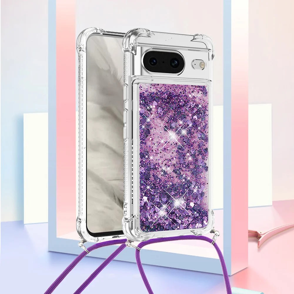 For Google Pixel 8 TPU Case Quicksand Design Phone Cover with Lanyard - Dark Purple / Hearts - 6