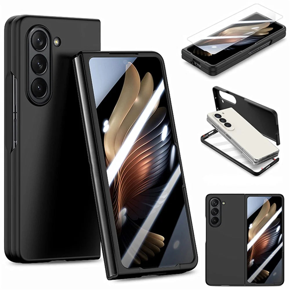 For Samsung Galaxy Z Fold5 5G Skin-Touch Phone Case Hard PC Folding Phone Case with Tempered Glass Film - Black - 1