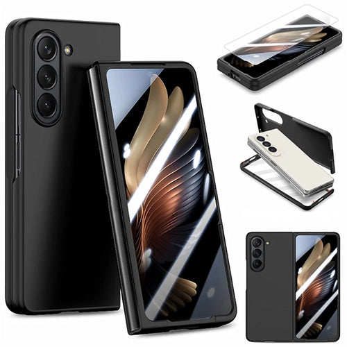 For Samsung Galaxy Z Fold5 5G Skin-Touch Phone Case Hard PC Folding Phone Case with Tempered Glass Film - Black - 1