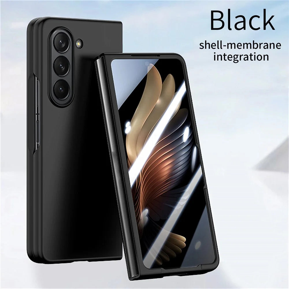 For Samsung Galaxy Z Fold5 5G Skin-Touch Phone Case Hard PC Folding Phone Case with Tempered Glass Film - Black - 6