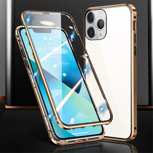 For iPhone 15 Pro Max Full Body Case Magnetic Tempered Glass Double-Sided Phone Case - Gold - 1