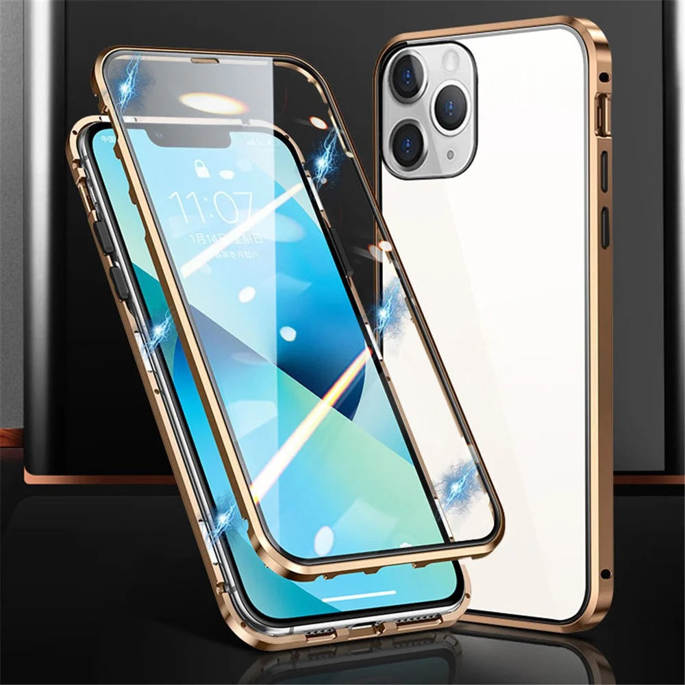 For iPhone 15 Pro Max Full Body Case Magnetic Tempered Glass Double-Sided Phone Case - Gold - 1