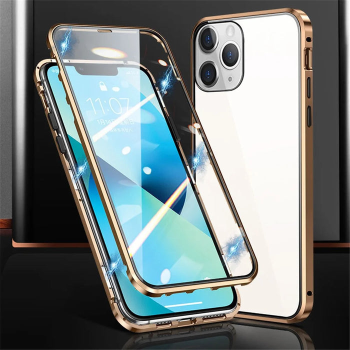 For iPhone 15 Pro Max Full Body Case Magnetic Tempered Glass Double-Sided Phone Case - Gold - 1