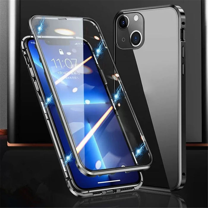 For iPhone 15 Full Body Case Magnetic Tempered Glass Double-Sided Phone Case - Black - 1