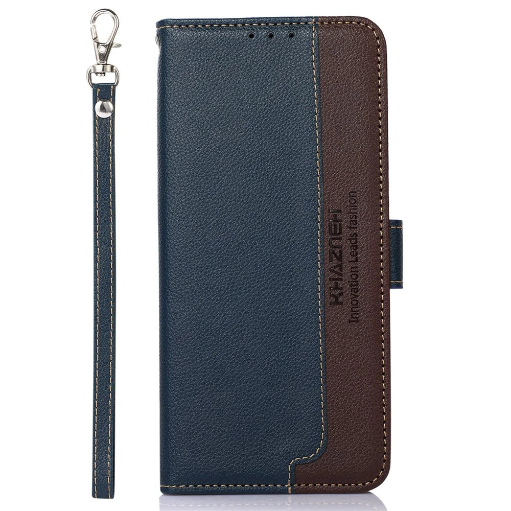 KHAZNEH Slim-Fit Leather Case for iPhone 14 Pro RFID Blocking Litchi Texture Wallet Phone Stand Cover - Blue - 6