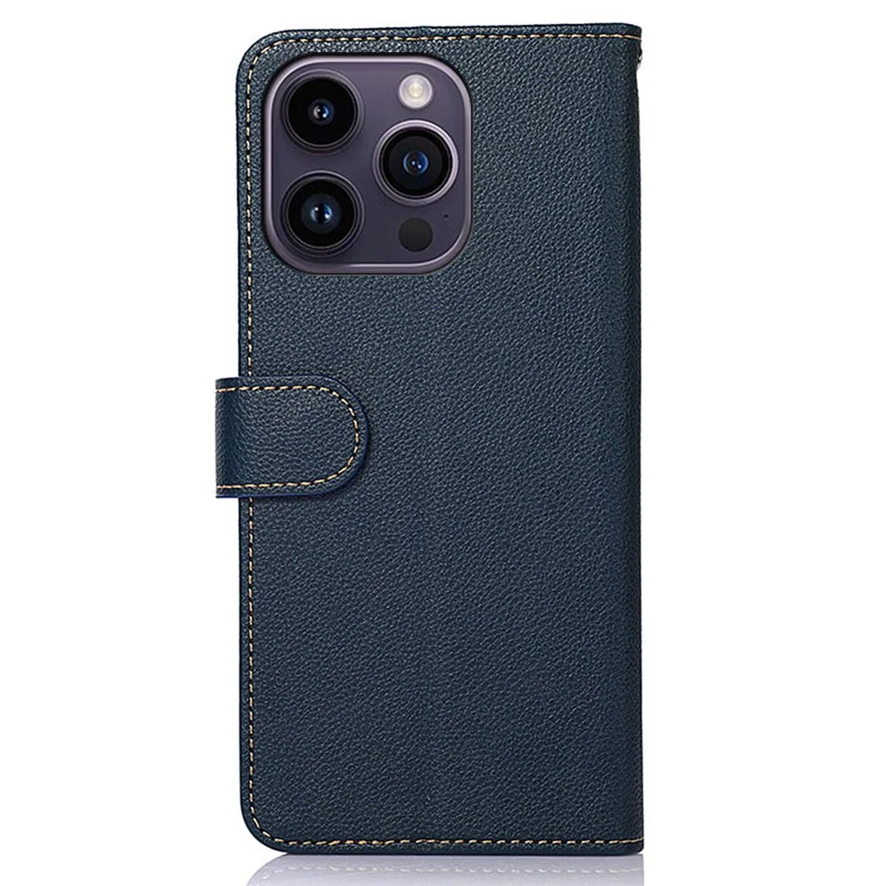 KHAZNEH Slim-Fit Leather Case for iPhone 14 Pro RFID Blocking Litchi Texture Wallet Phone Stand Cover - Blue - 7