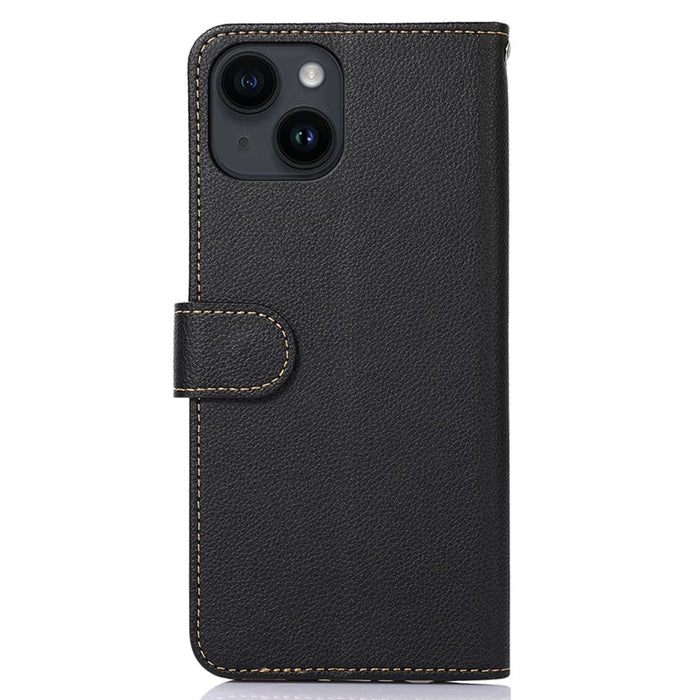 KHAZNEH Shockproof Leather Case for iPhone 15 Plus , Stand Wallet Phone Cover RFID Blocking Litchi Texture Shell - Black - 7