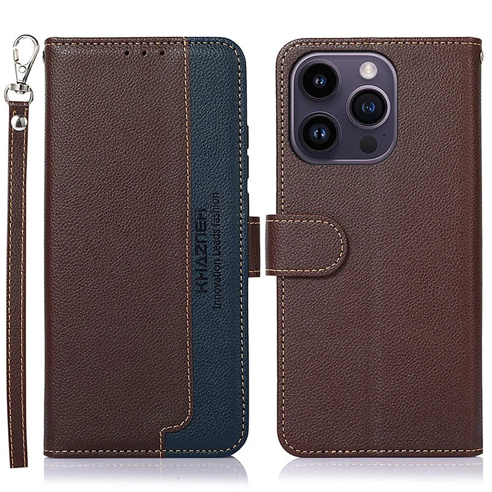 KHAZNEH For iPhone 15 Pro Anti-Scratch RFID Blocking Leather Case Stand Wallet Litchi Texture Phone Cover - Brown - 1