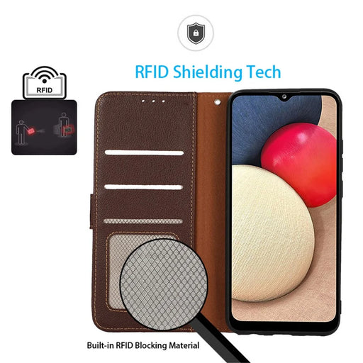KHAZNEH For iPhone 15 Pro Anti-Scratch RFID Blocking Leather Case Stand Wallet Litchi Texture Phone Cover - Brown - 2