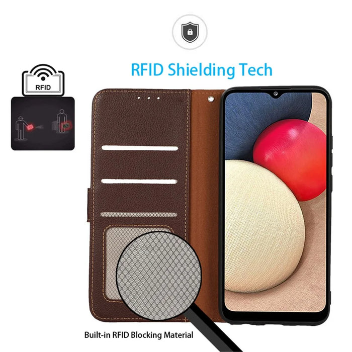 KHAZNEH For iPhone 15 Pro Anti-Scratch RFID Blocking Leather Case Stand Wallet Litchi Texture Phone Cover - Brown - 2