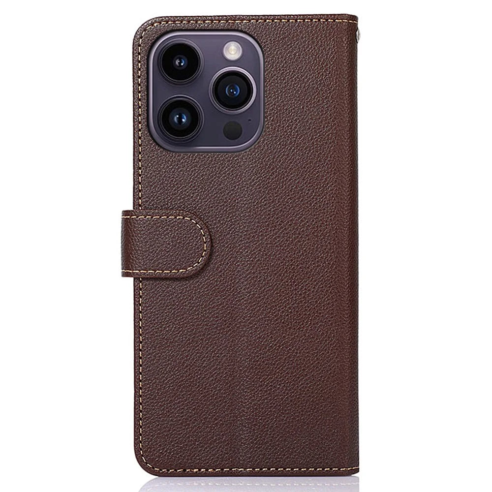 KHAZNEH For iPhone 15 Pro Anti-Scratch RFID Blocking Leather Case Stand Wallet Litchi Texture Phone Cover - Brown - 7