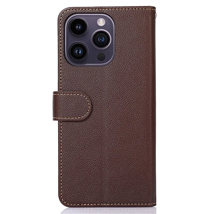 KHAZNEH For iPhone 15 Pro Anti-Scratch RFID Blocking Leather Case Stand Wallet Litchi Texture Phone Cover - Brown - 7