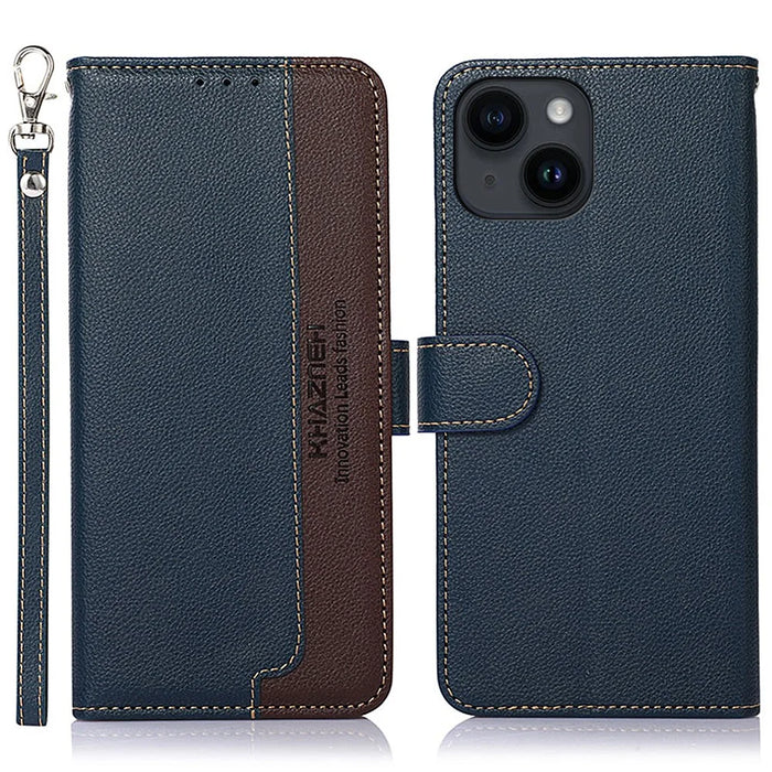 KHAZNEH For iPhone 15 RFID Blocking Litchi Texture Leather Case Stand Wallet Phone Cover - Blue - 1