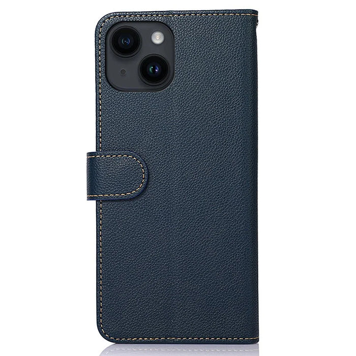 KHAZNEH For iPhone 15 RFID Blocking Litchi Texture Leather Case Stand Wallet Phone Cover - Blue - 7