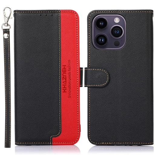 KHAZNEH PU Leather Case for iPhone 15 Pro Max , RFID Blocking Stand Wallet Litchi Texture Phone Cover - Black - 1