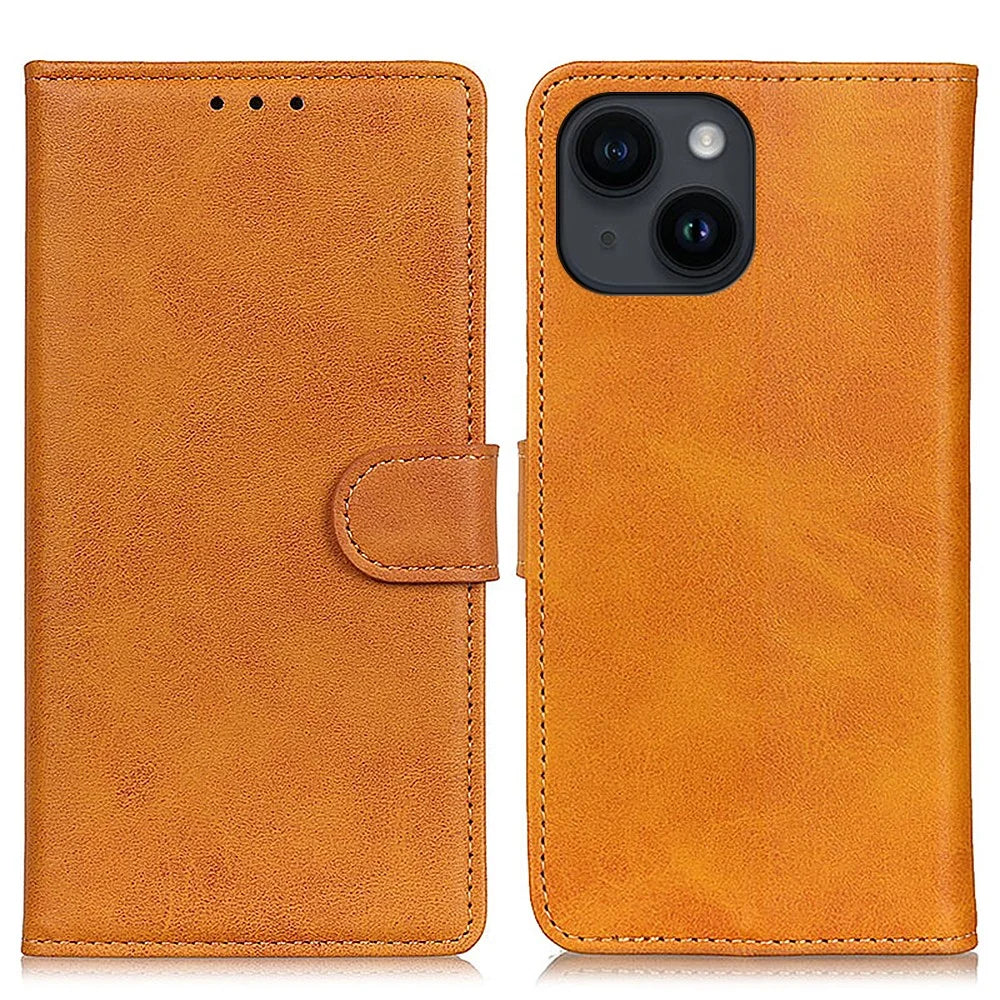 Phone Case for iPhone 15 Plus , PU Leather+TPU Foldable Stand Cowhide Texture Wallet Cover - Brown - 1