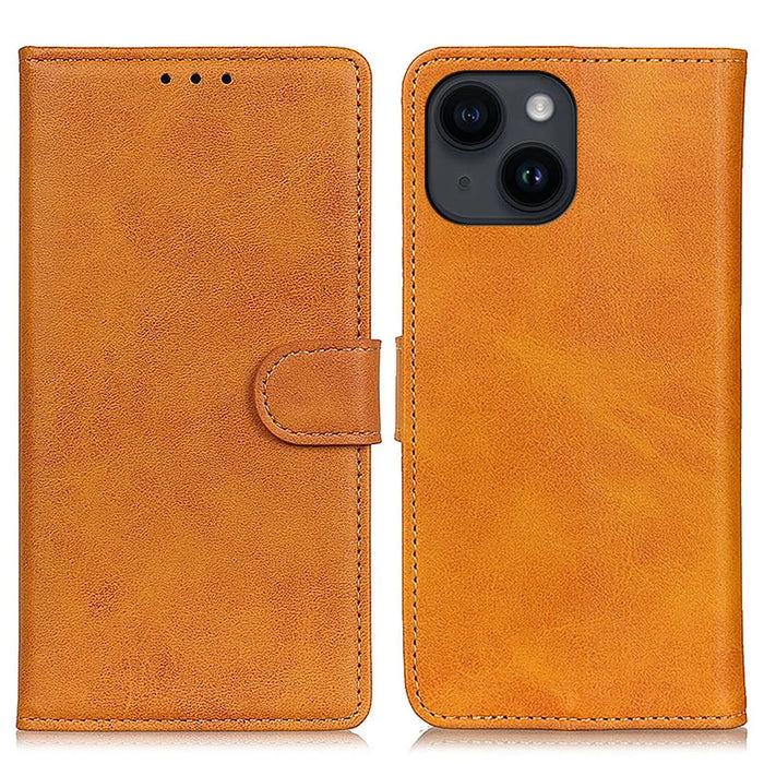 Phone Case for iPhone 15 Plus , PU Leather+TPU Foldable Stand Cowhide Texture Wallet Cover - Brown - 1