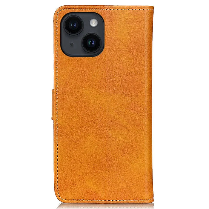 Phone Case for iPhone 15 Plus , PU Leather+TPU Foldable Stand Cowhide Texture Wallet Cover - Brown - 7
