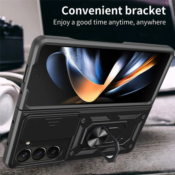 For Samsung Galaxy Z Fold5 5G Kickstand Phone Cover PC+TPU Case with Slide Lens Protector - Black - 6