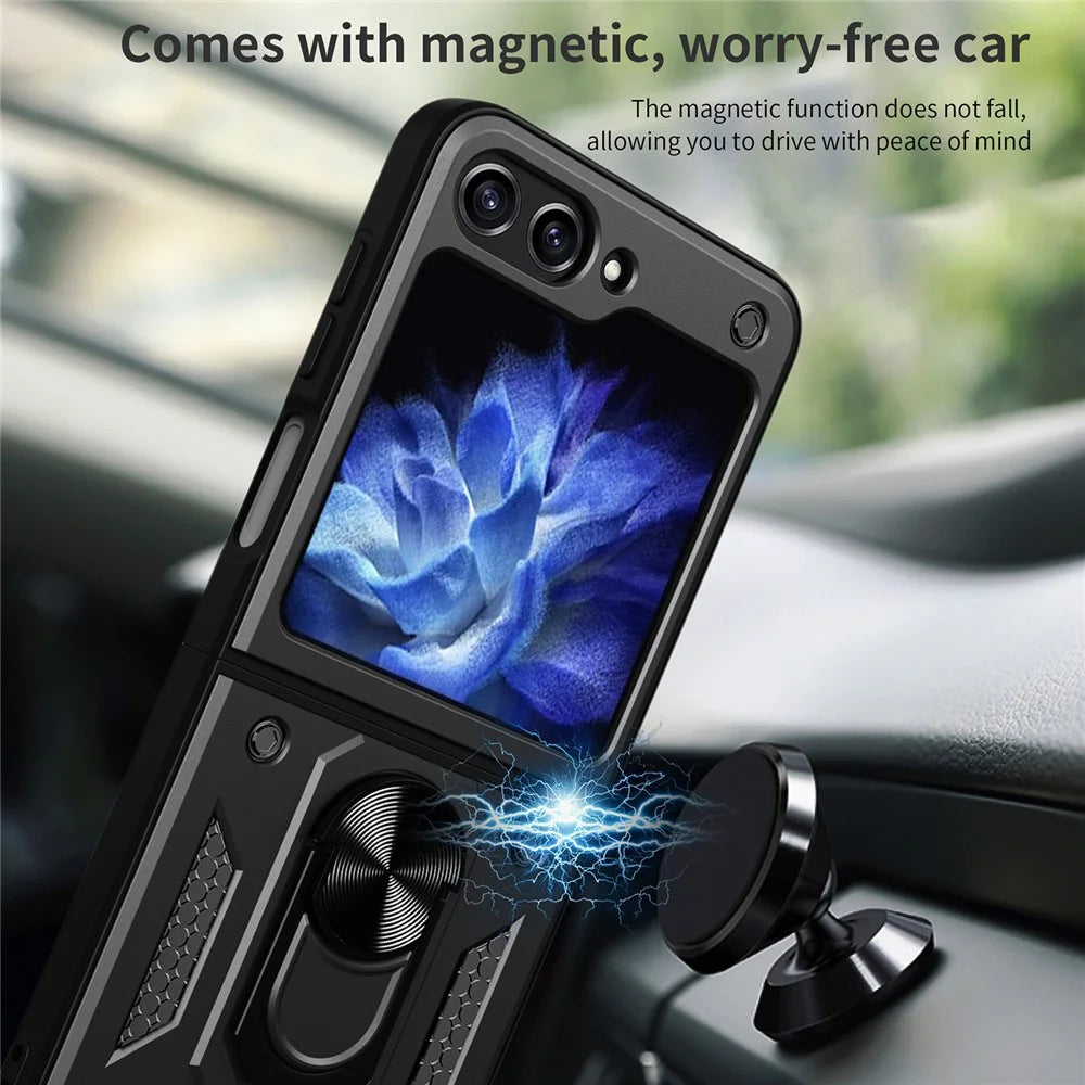 Kickstand Phone Case for Samsung Galaxy Z Flip5 5G , PC+TPU Magnetic Car Mount Phone Cover - Black - 4