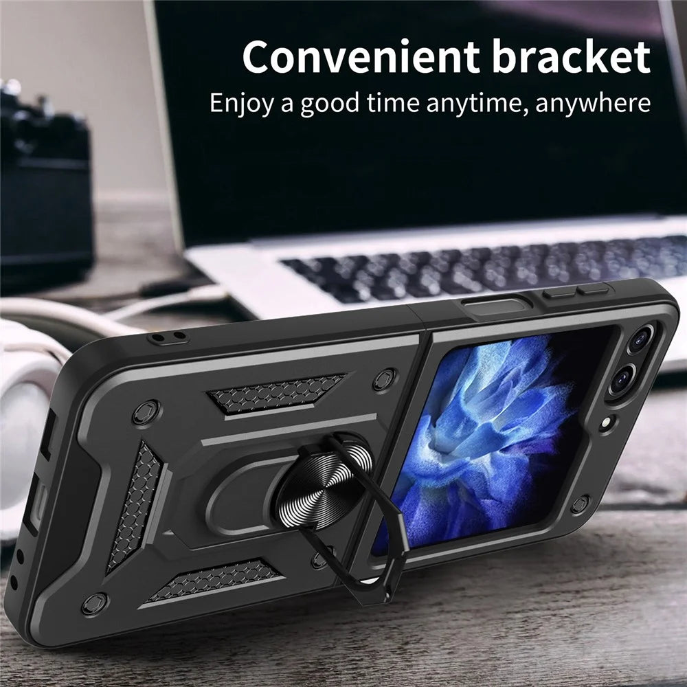Kickstand Phone Case for Samsung Galaxy Z Flip5 5G , PC+TPU Magnetic Car Mount Phone Cover - Black - 6
