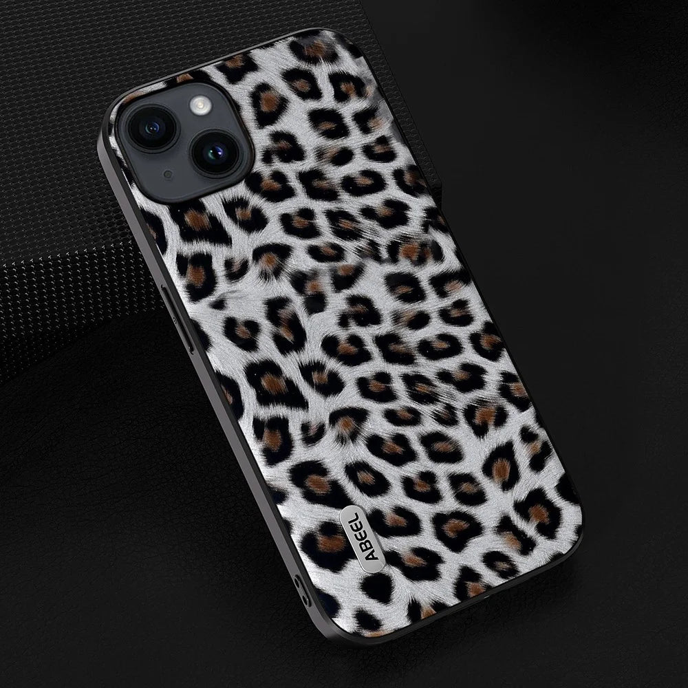 ABEEL For iPhone 15 Leopard Texture Phone Case PU Leather Coated PC+TPU Anti-drop Cover - Silver - 3