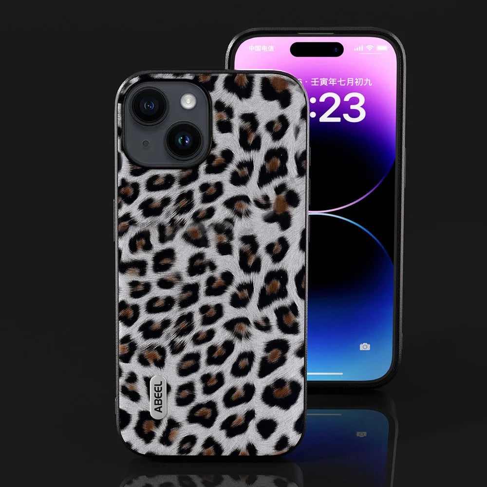 ABEEL For iPhone 15 Leopard Texture Phone Case PU Leather Coated PC+TPU Anti-drop Cover - Silver - 5