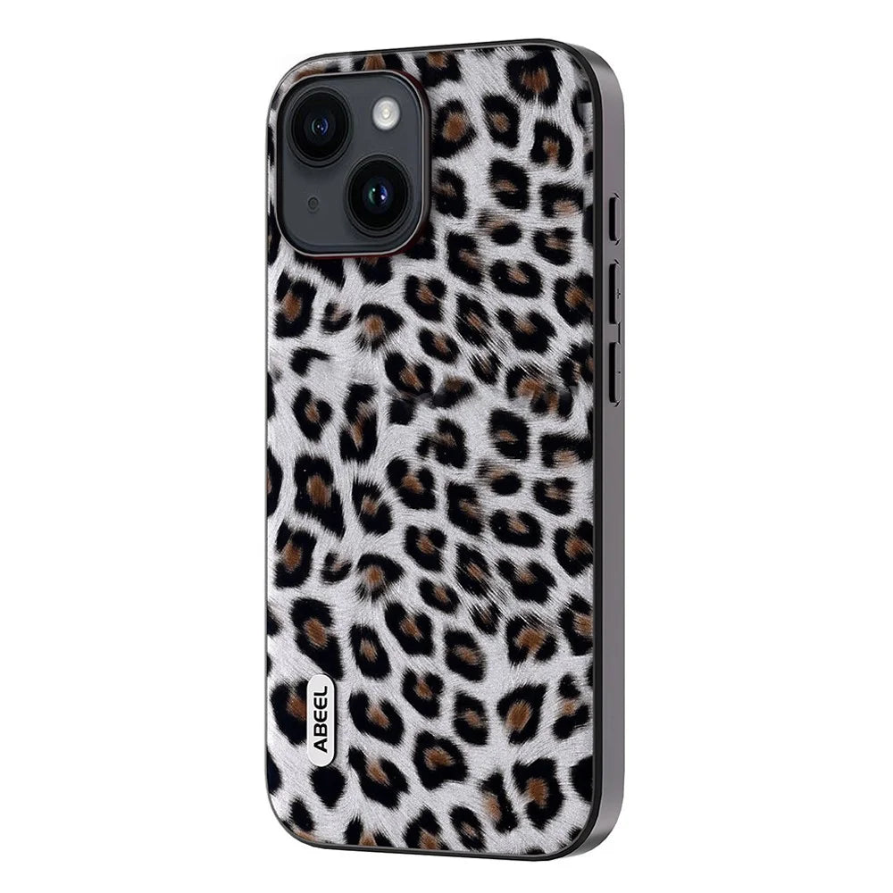 ABEEL For iPhone 15 Plus Phone Case Leopard Texture PU Leather + TPU + PC Protective Cover - Silver - 1