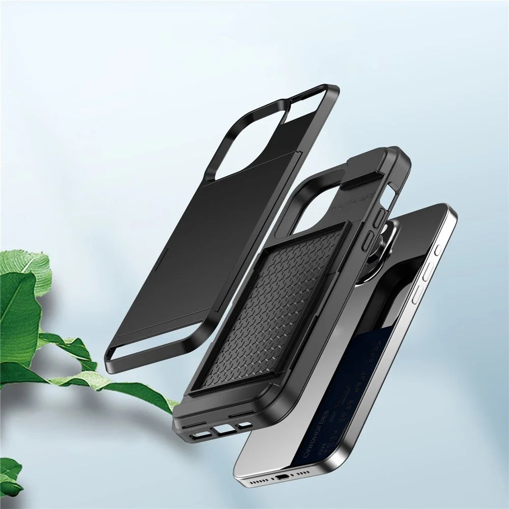 Sliding Card Holder Phone Case for iPhone 15 Plus , Anti-drop PC + TPU Back Cover - Black - 6
