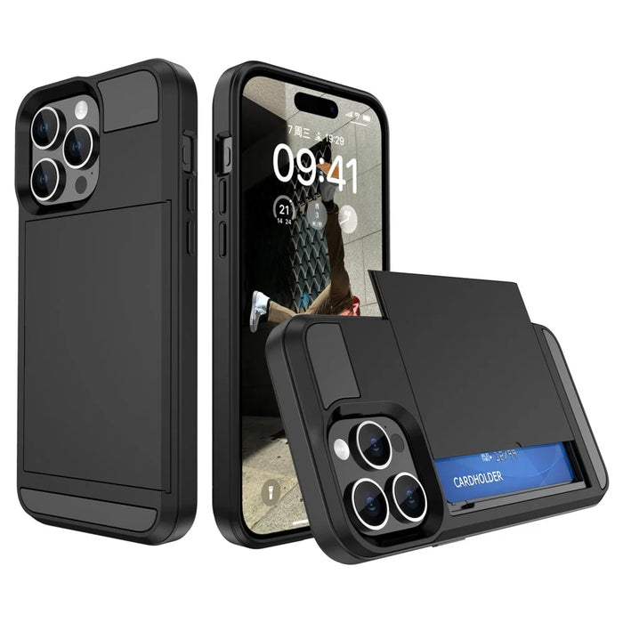 PC + TPU Phone Cover for iPhone 15 , Sliding Card Holder Anti-scratch Back Case - Black - 1