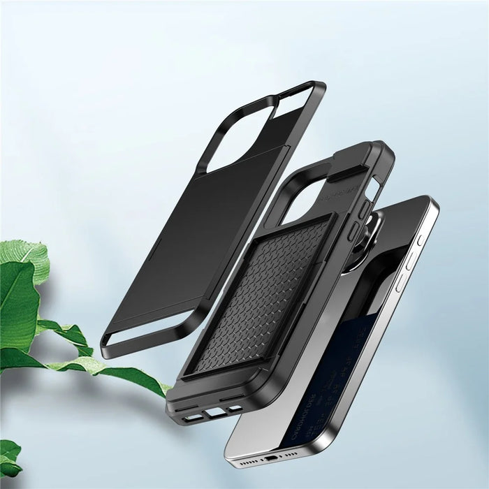 PC + TPU Phone Cover for iPhone 15 , Sliding Card Holder Anti-scratch Back Case - Black - 6