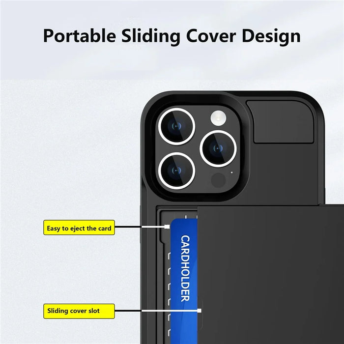 For iPhone 15 Pro Max PC+TPU Phone Cover Sliding Card Holder Anti-drop Back Case - Black - 3