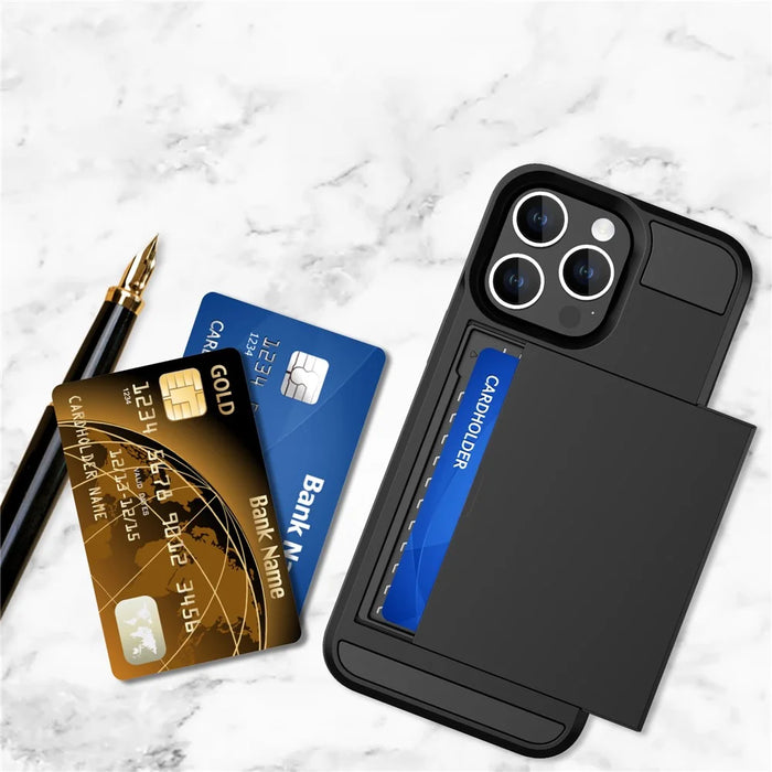 For iPhone 15 Pro Max PC+TPU Phone Cover Sliding Card Holder Anti-drop Back Case - Black - 4