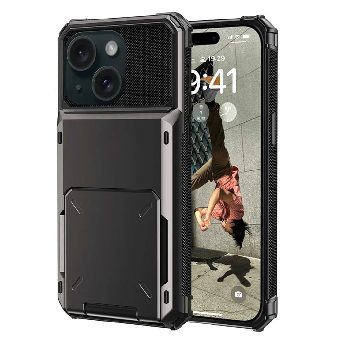For iPhone 15 TPU + PC Shockproof Phone Case Flip Card Holder Back Cover - Grey - 1
