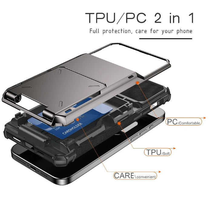 For iPhone 15 TPU + PC Shockproof Phone Case Flip Card Holder Back Cover - Grey - 5