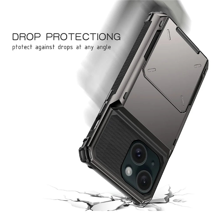 For iPhone 15 TPU + PC Shockproof Phone Case Flip Card Holder Back Cover - Grey - 6