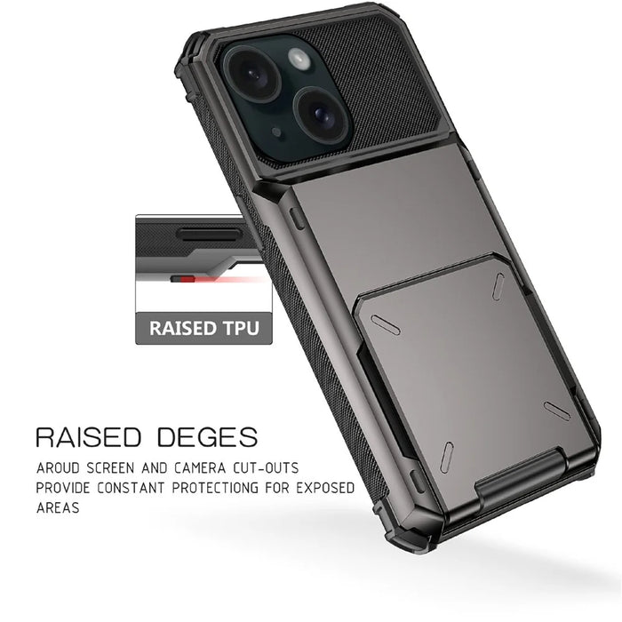 For iPhone 15 TPU + PC Shockproof Phone Case Flip Card Holder Back Cover - Grey - 7