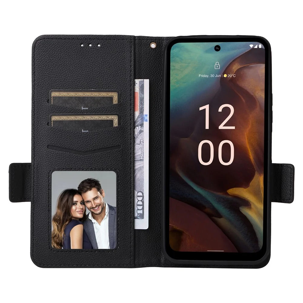Wallet Stand Phone Case for Nokia XR21 Litchi Texture PU Leather Shockproof Cover - Black - 2