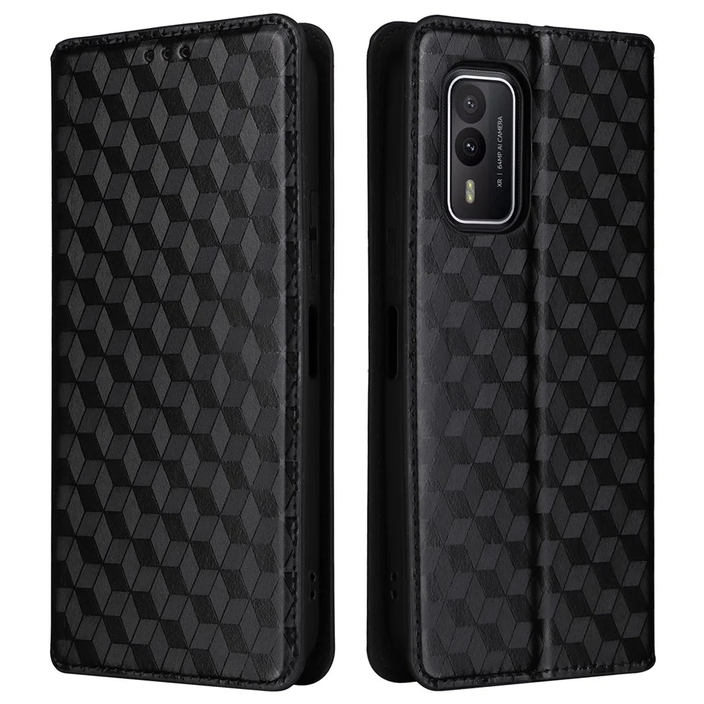 Rhombus Imprinted Shell for Nokia XR21 Bump Proof Phone Cover Stand PU Leather Case - Black - 1