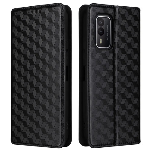 Rhombus Imprinted Shell for Nokia XR21 Bump Proof Phone Cover Stand PU Leather Case - Black - 1