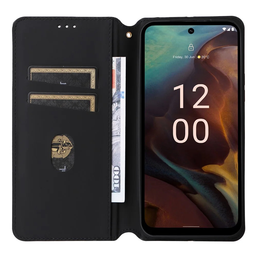 Rhombus Imprinted Shell for Nokia XR21 Bump Proof Phone Cover Stand PU Leather Case - Black - 2