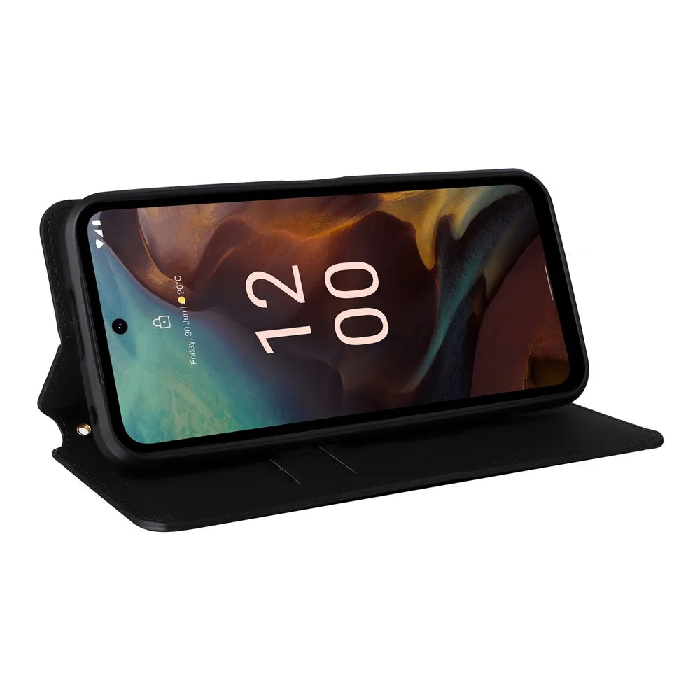Rhombus Imprinted Shell for Nokia XR21 Bump Proof Phone Cover Stand PU Leather Case - Black - 3