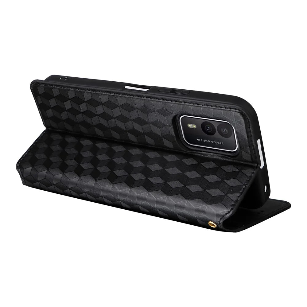 Rhombus Imprinted Shell for Nokia XR21 Bump Proof Phone Cover Stand PU Leather Case - Black - 4