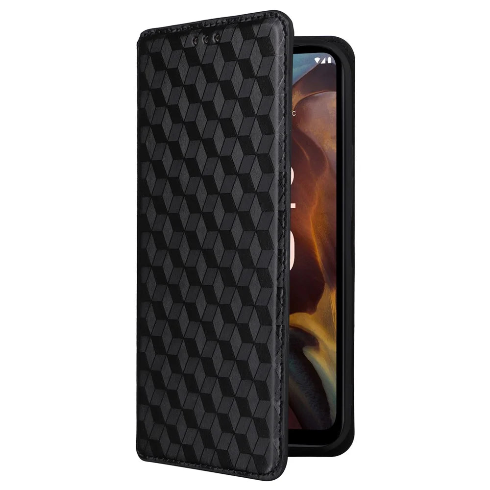 Rhombus Imprinted Shell for Nokia XR21 Bump Proof Phone Cover Stand PU Leather Case - Black - 5