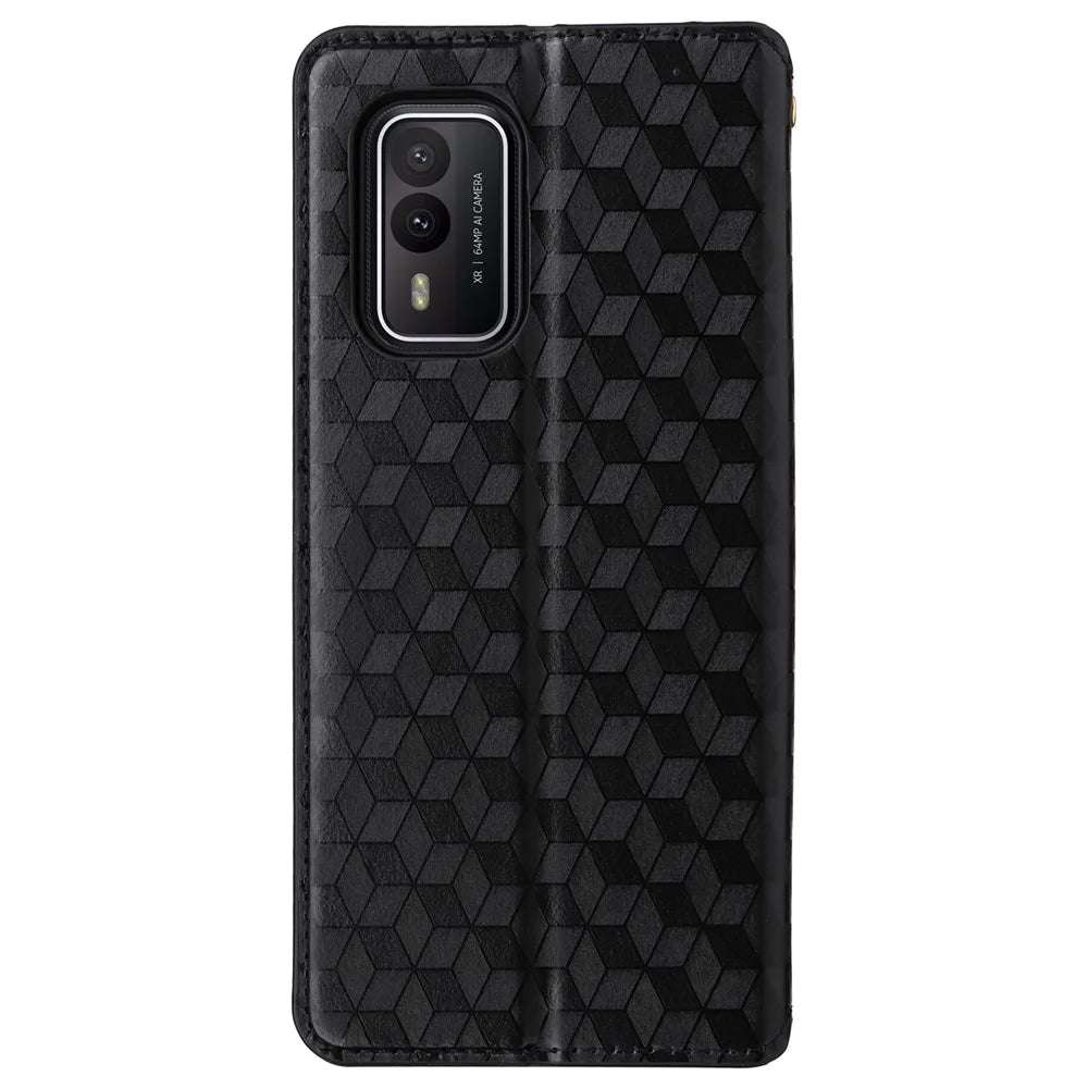 Rhombus Imprinted Shell for Nokia XR21 Bump Proof Phone Cover Stand PU Leather Case - Black - 6