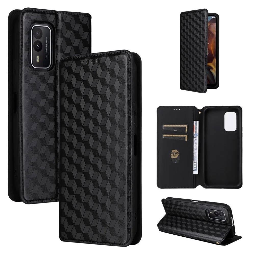 Rhombus Imprinted Shell for Nokia XR21 Bump Proof Phone Cover Stand PU Leather Case - Black - 7
